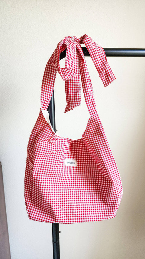 Book Lover Checkered Cotton Tote Bag with Adjustable Strap