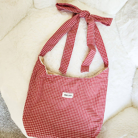 Book Lover Checkered Cotton Tote Bag with Adjustable Strap