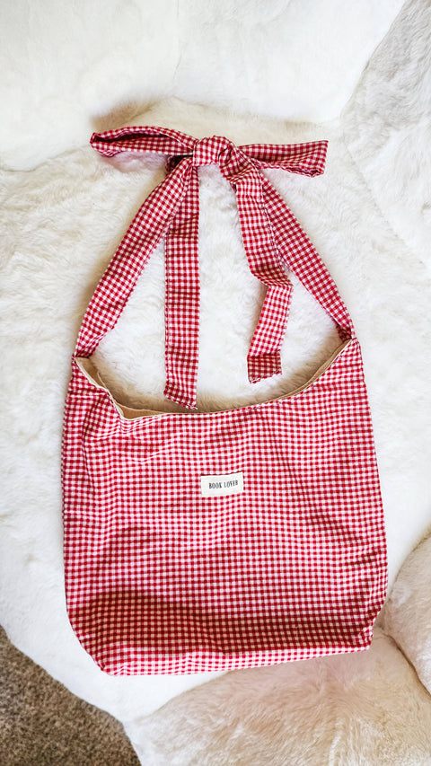 Book Lover Checkered Cotton Tote Bag with Adjustable Strap