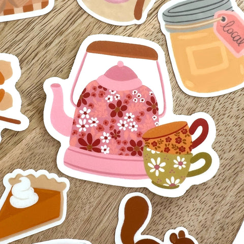 Cottage Core Tea Kettle Sticker, 2.7x2.3 in. | Fall