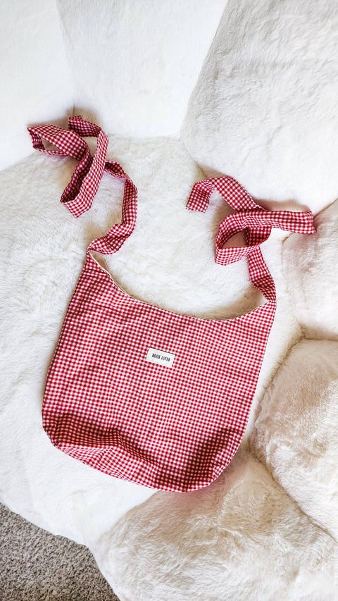 Book Lover Checkered Cotton Tote Bag with Adjustable Strap