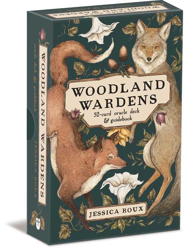 The box for Woodland Wardens, a 52-card oracle deck by Jessica Roux: a fox and a coyote among white flowers on dark green.